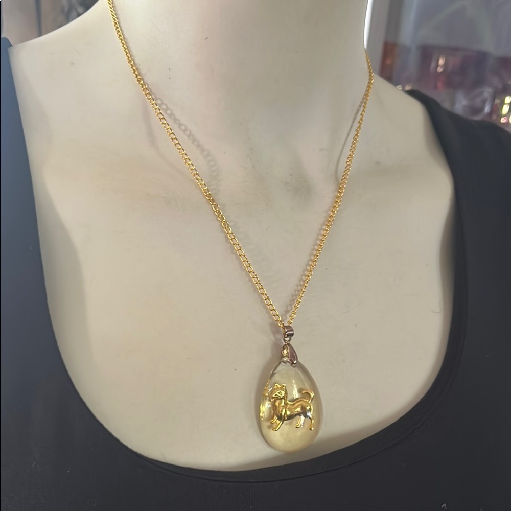 Vintage Gold Foil Dog in Acrylic Teardrop Pendant Necklace